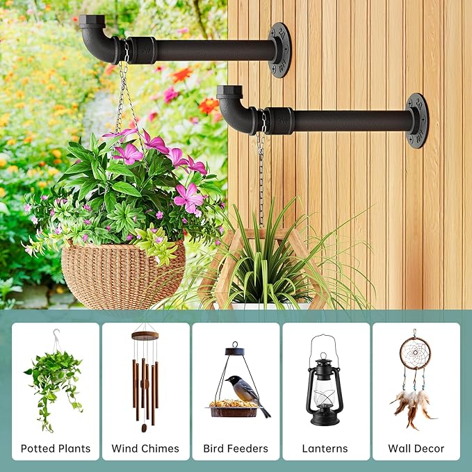 NiHome 2PCS Plant Hanging Brackets for Indoor & Outdoor Gardens, Patios, Decks, Fences, Walls, Rust-Proof Hooks for Baskets, Lanterns, Wind Chimes, Bird Feeders, Home Decoration, Backyard Landscaping