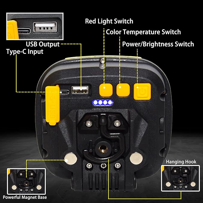 1Pack 5000LM Magnetic LED Work Light Rechargeable, 4-Level Brightness & 4-Tone Lighting, 50W Battery Powered Shop Light with USB Charging, IP65 Waterproof for Camping, Outdoor, Car Repairs, Emergency