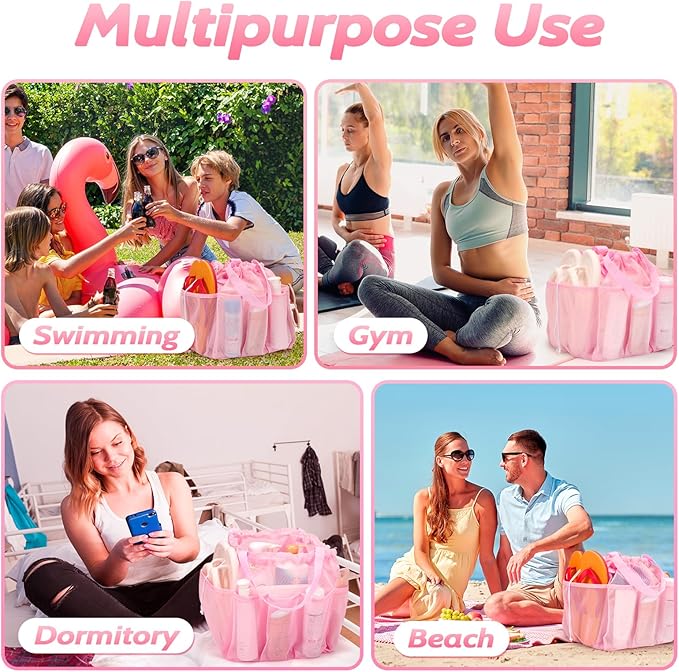 Mesh Shower Caddy Portable with Drawstring, Dorm Room Essentials for College Students Girls, Large Shower Bag for Camping,Swimming,Gym,Travel,Bathroom - Pink