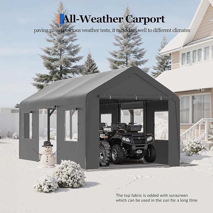 Carport, 13‘ x 20’ Heavy Duty Portable Garage All-Season Car Canopy w/Removable Sidewall & Doors, Carport Canopy Party Tent w/Water-Resistant Tarp for Backyard (Grey, 13‘ x 20')