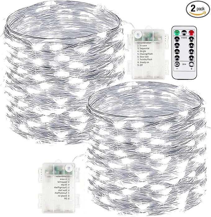 2-Pack Fairy Lights Battery Operated with Remote, Waterproof 66FT 200 LED Battery String Lights Outdoor Indoor, 8 Modes Twinkle Lights with Timer for Bedroom Wedding DIY Christmas Decor (Cool White)