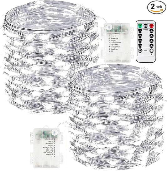 2-Pack Fairy Lights Battery Operated with Remote, Waterproof 66FT 200 LED Battery String Lights Outdoor Indoor, 8 Modes Twinkle Lights with Timer for Bedroom Wedding DIY Christmas Decor (Cool White)