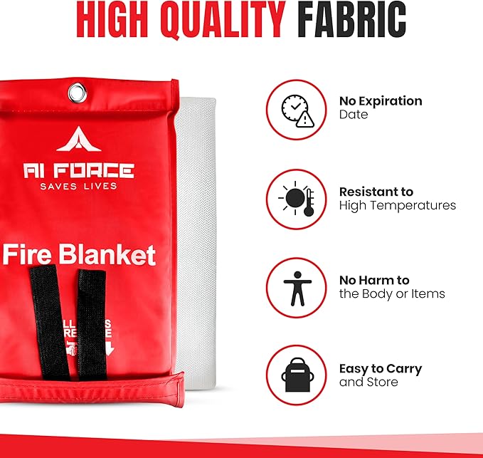 AI FORCE Fire Blanket with Gloves & Hooks – Fireproof Emergency Safety Blanket for Home, Kitchen, Fireplace, Camping, BBQ, Grease & Outdoor Fires – Survival Gear