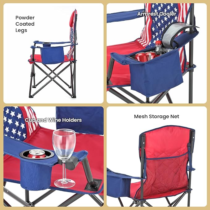 ARROWHEAD OUTDOOR 2-Pack Portable Folding Camping Quad Chair w/ 6-Can Cooler, Cup & Wine Glass Holders, Heavy-Duty Carrying Bag, Padded Armrests, Headrest & Seat, Supports up to 550lbs