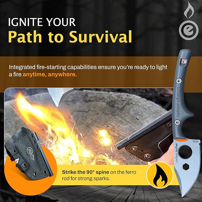 Contour Feather Survival and Culinary Knives – VG10 Steel Fixed Blade with Fire Starter, Hex Driver, Knife Sharpener, Sheath & Built in Whistle - Built For Camping & Outdoor Adventure