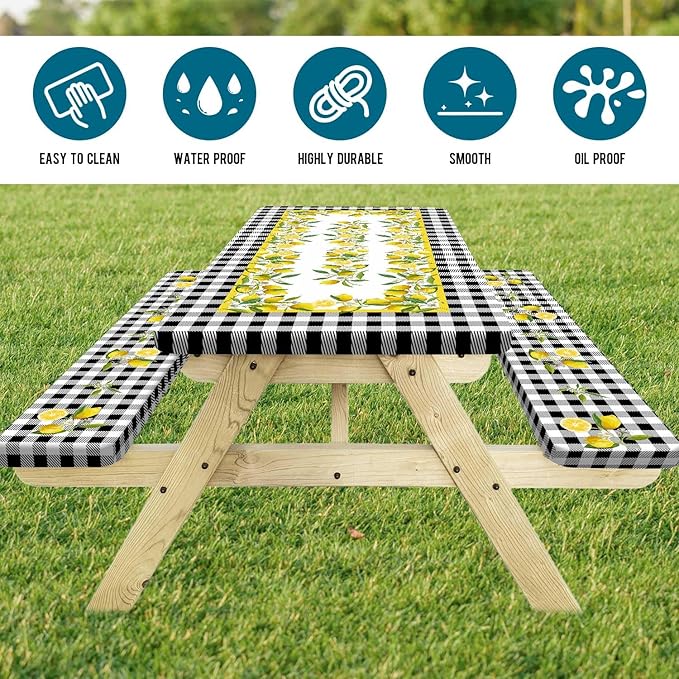 Picnic Table Cover with Bench Covers, Lemon & Black-White Gingham , Elastic Edges, Waterproof Windproof Fitted, for Outdoor Camping Patio Garden, with Drawstring Bag, 72 in