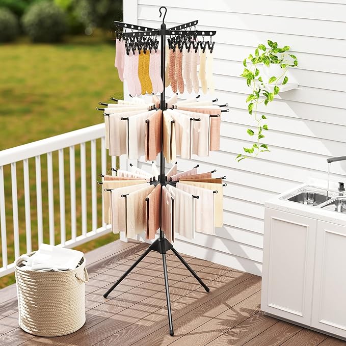 Giantex Tripod Clothes Drying Rack, 3-Tier Freestanding Folding Laundry Drying Rack w/24 Clips & 32 Rods, 70" Space Saving Towel Drying Stand w/360° Rotatable Arms for Laundry Room, Balcony, Black