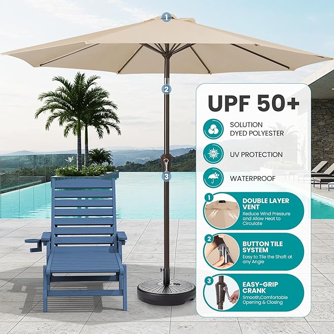 SERWALL Patio Chaise Lounge Chair Set of 2 with 9FT Patio Umbrella, 78'' HDPE Outdoor Lounger 5 Positions Adjustable, Poly Lounge Chair with Rolling Wheels & Cup Holder for Pool,Blue