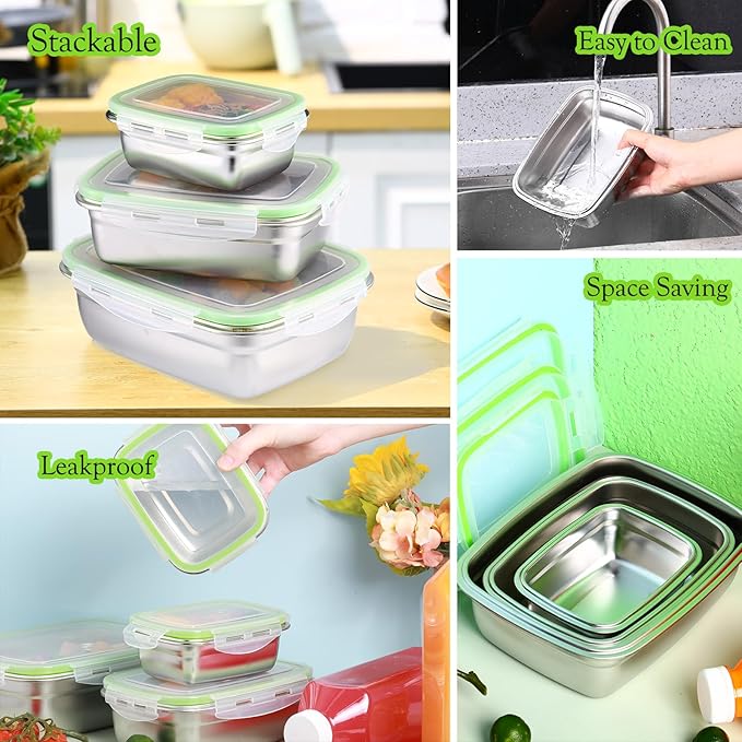 Nuanchu 6 Packs Stainless Steel Food Storage Containers Airtight Metal Food Containers Meal Prep Container Leak Proof Stackable Bento Lunch Box with Lids for Kitchen Travel Picnic and Camping(Green)