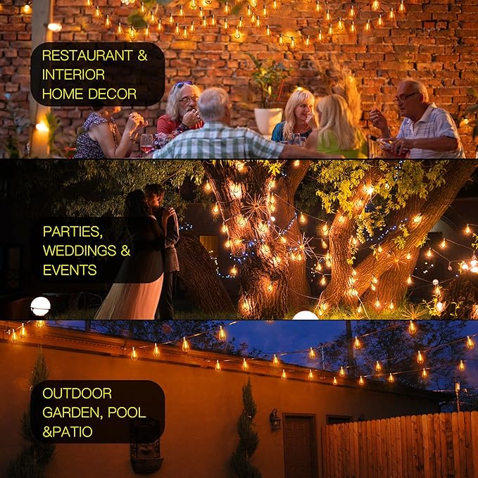 OHLUX Exterior Hanging Lights,180FT Connectable Outside Patio Lights with 94 Shatterproof ST38 LED Vintage Bulbs,2200K Connectable & Waterproof for Deck Porch Bistro Gazebos Balcony Pool(120FT+60FT)
