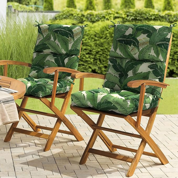 LVTXIII Outdoor Seat/Back Chair Cushion Patio Tufted High Back Cushion, Seasonal Replacement Rocking Chair Cushion with Ties (22” W x 20D”, Set of 2, Swaying Palms Green)