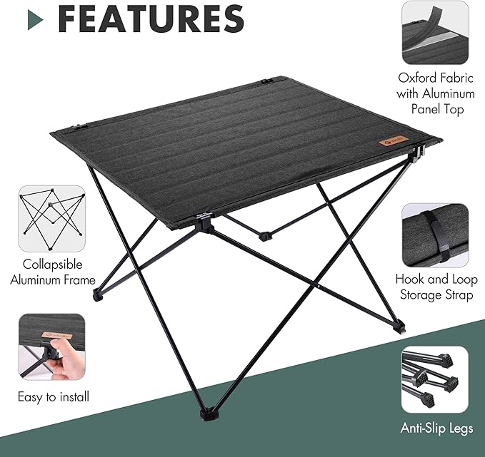 VILLEY Folding Camping Table with Carry Bag, Portable Lightweight Beach Table with Oxford Fabric and Reinforced Aluminum Panel for Outdoor, Camping, Picnic, Backyards, BBQ