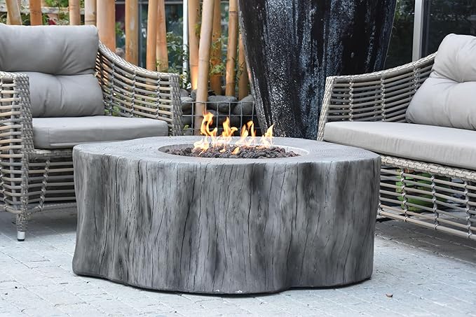 Elementi | Bundle Manchester Gas Fire Pit Cast Concrete Semi-Round Fire Table, Outdoor Fire Pit Electronic Ignition | Canvas Cover, Lava Rock Included | Classic Gray (Propane Gas)