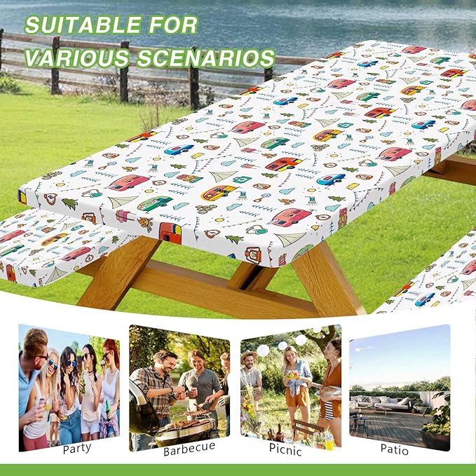 Picnic Table Cover with Bench Covers, Colorful Cartoon Camping Icons Elastic Edges, Waterproof Windproof Fitted Tablecloth, for Outdoor Camping Patio Garden, Includes Drawstring Bag, 72 in