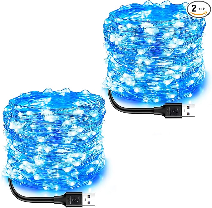 Blingstar USB Powered Fairy Lights, 2 Pack 33Ft 100 LED, Flexible Silver Wire, Mini String Lights for Indoor Christmas Tree/Halloween/Bedroom/Dorm/Party Decoration, Blue