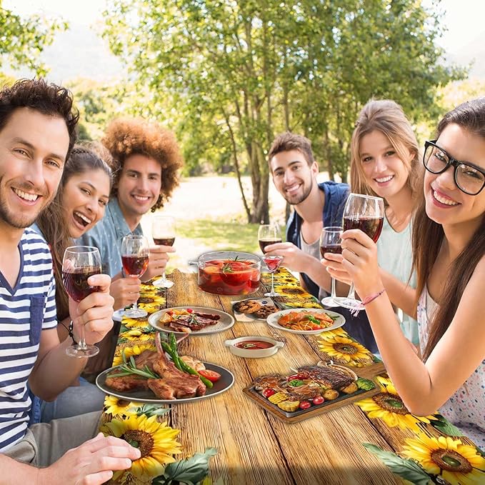 Picnic Table Cover with Bench Covers, Sunflower Wood Grain Pattern Elastic Edges, Waterproof Windproof Fitted Tablecloth, for Outdoor Camping Patio Garden, Includes Drawstring Bag, 72 in