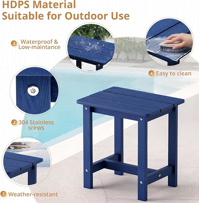 LUE BONA Outdoor Side Table Set of 2, HDPS Small Outdoor Table, Adirondack Side Table, Outside End Table for Patio, Porch, Deck, Pool, Weather Resistant/Easy Maintenance/Indoor or Outdoor Use, Navy