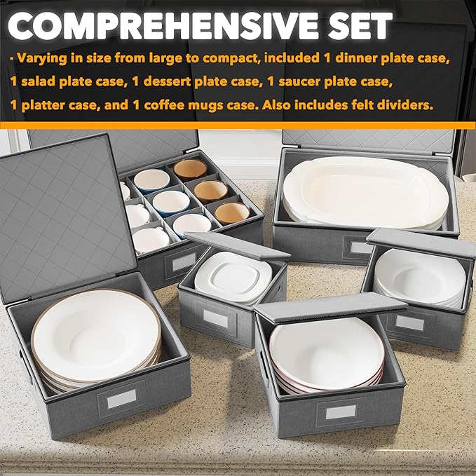 SpaceAid China Storage Containers 6 Pack, Stackable Hard Shell Quilted Cases with Soft Plate Separators, Moving Supplies Packing Boxes for Dishes, Plates, Platters, Mugs, Cups (Grey)