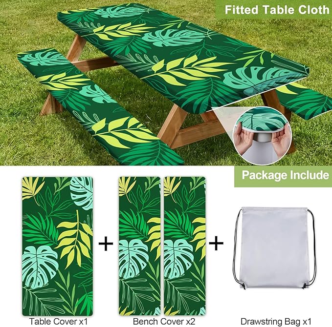 Picnic Table Cover with Bench Covers Camping Essentials Waterproof Windproof Camping Tablecloth with Drawstring Bag, Fitted Rectangle Tables and Seats, 72in, Dark Green
