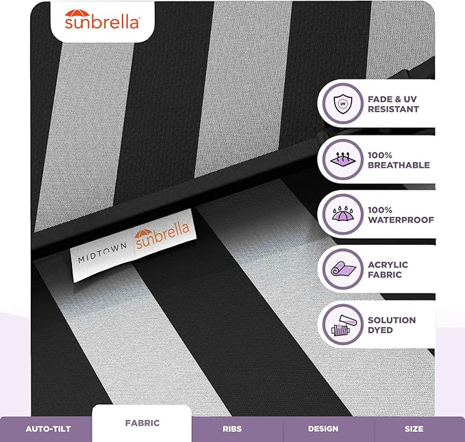 Midtown Umbrellas Sunbrella Umbrella 8 Feet Outdoor Umbrella With Sunbrella Black & White Acrylic Fabric - Auto-Tilt Aluminum Frame Patio Umbrella For Backyard, Deck, Garden, Pool - Black Pole