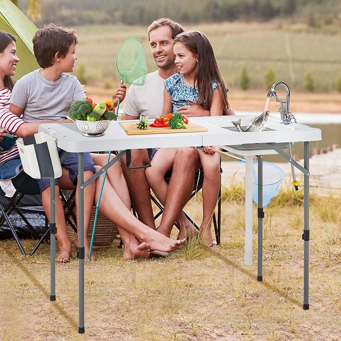 AHB 50" Folding Outdoor Fish Cleaning Table with Sink, Camping Kitchen Station Collapsible Faucet & Stainless Sprayer with 4pcs Fish Cleaning Kit for Camping, Picnic, Beach & Patio