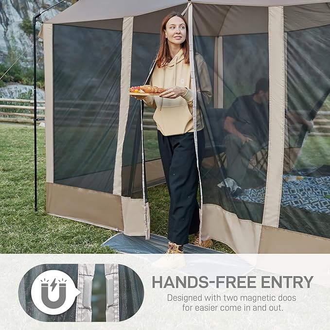 EVER ADVANCED Magnetic Screen House Room 11x9ft, Hands-Free Entry,Screenhouse with Sun Protection for Camping&Picnic, 11x9ftCamping Tent Canopy Shelter with Mesh, Brown