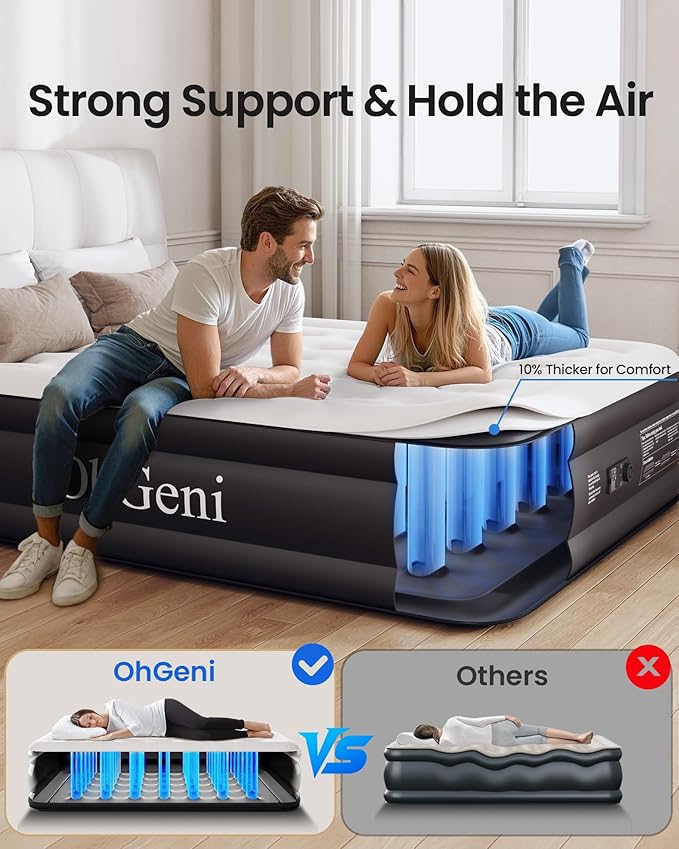 OhGeni Queen Air Mattress with Built in Pump, Inflatable Blow Up Mattress 18 Raised Comfort,Upgraded Surface Portable Mattress, Air Bed for Camping, Home and Guest, Colchone Inflable, 650 lbs Max