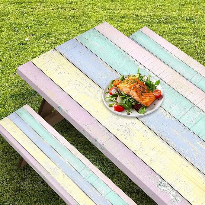 CAPSCEOLL Elastic Picnic Table Cover with Bench Covers 5Ft Waterproof Fitted Picnic Table Cover Cloths for Outdoors Camping Tablecloth with Drawstring Bag, 60X30in, Colorful Wood