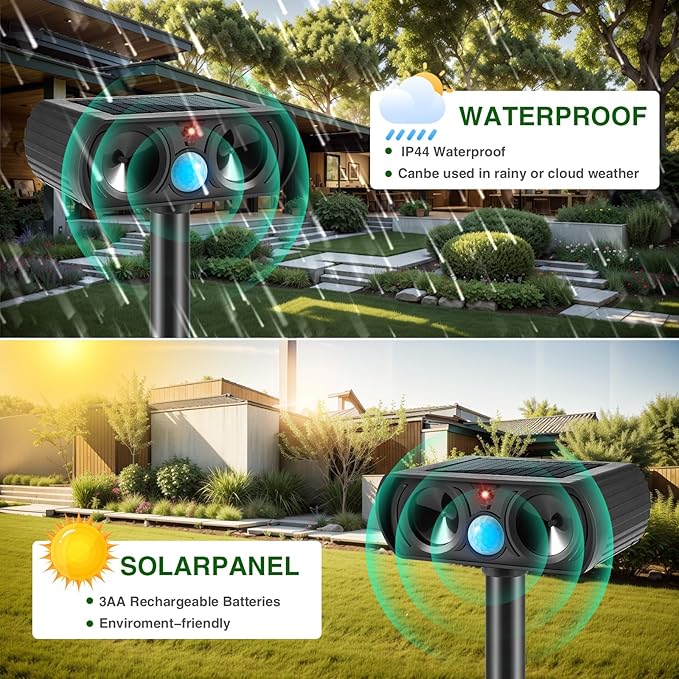 2025 Ultrasonic Animal Repellent Cat Repellent Outdoor Solar Animal Repeller with Motion Detection Waterproof Deer Repellent Device to Repel Raccoon Rabbit Squirrel Skunk Repellent for Yard(4Pack)