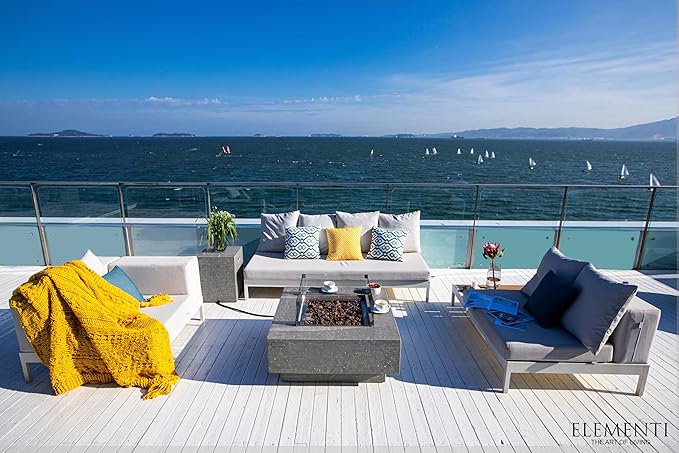 Elementi | Bundle Manhattan Gas Fire Pit Cast Concrete 36" Square Fire Table, Outdoor Fire Pit Electronic Ignition | Canvas Cover, Lava Rock Included | Light Gray (Propane Gas)