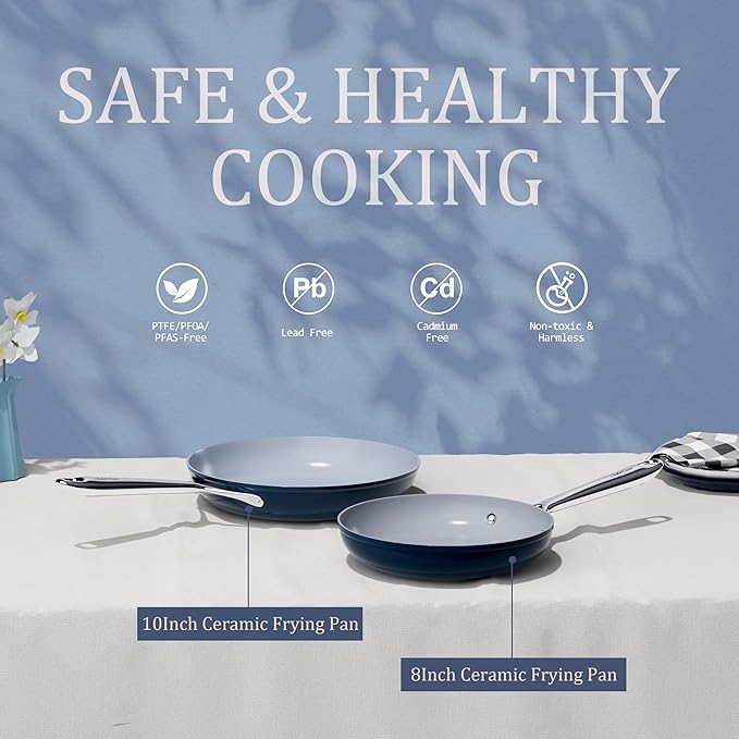 Nonstick Ceramic Frying Pan 10 Inch for Induction Cooktop - Non Toxic, PTFE/PFOA/PFAS Free, Oven & Dishwasher Safe up to 500°F - Non Stick Small Skillet with Stay-Cool Handle - Navy Blue
