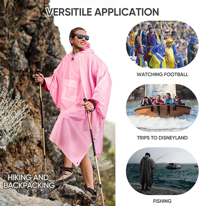 PTEROMY Hooded Rain Poncho for Adult with Pocket, Waterproof Lightweight Unisex Raincoat for Hiking Camping Emergency