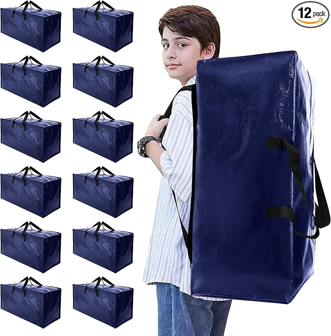 Heavy Duty Moving Bags with Backpack Straps and Strong Handles, Alternative to Moving Boxes and Storage Totes for Dorm Room Essentials, 12 Pack, Blue
