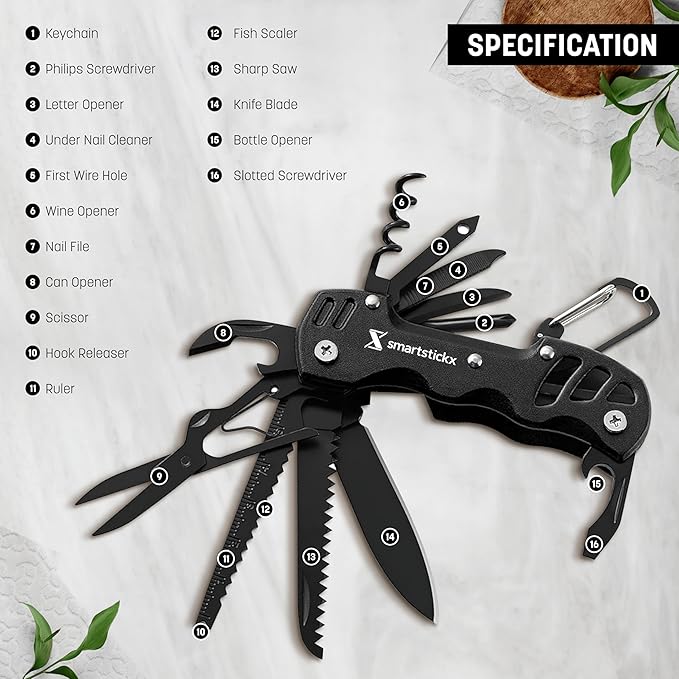 16 In 1 Pocket Knife multitool Military Grade Steel: Swiss Style Multi Functional Small Folding Knife with Keychain, Easy to Carry, Wine/Bottle Opener, Scissors, Saw, Screwdrivers