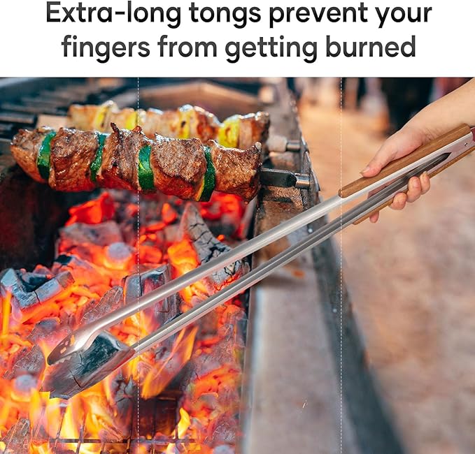 18-Inch Long Stainless Steel BBQ Tongs with Extended Luxurious Acacia Handle – Durable and Easy-to-Clean Grilling Tool for Cooking, Kitchen Use, and Outdoor Barbecues