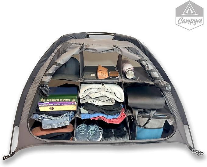 Tent & RV Camping Organizer with Zippered Flap, 9-Shelf Storage. RV Shoe Organizer, Dining Tent Organizer. Organize Any Other Camp Gear/Accessories (Patented - Licensed)