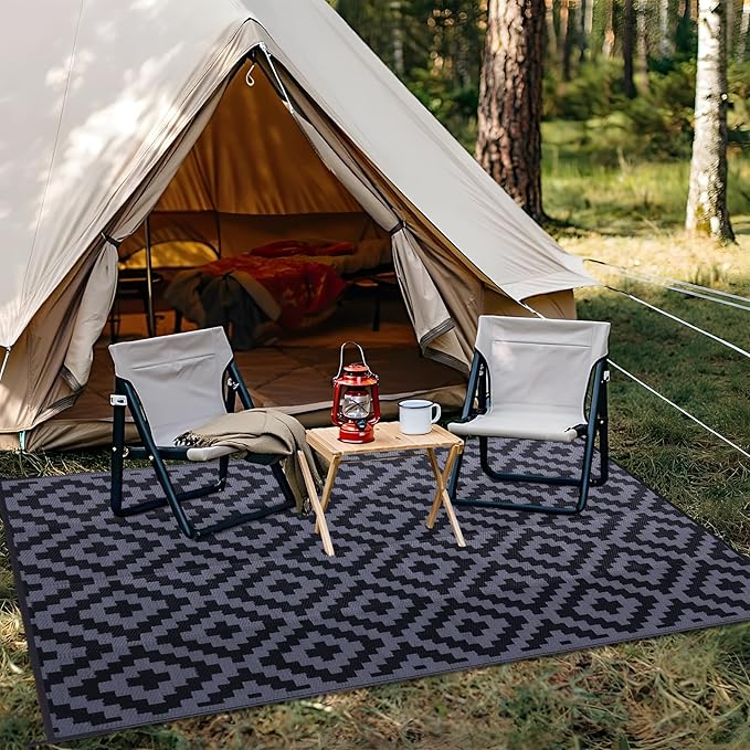 OLANLY Waterproof Outdoor Rug 6x9 ft, Outdoor Plastic Straw Rug for Camping, RV Mat Outside, Indoor Outdoor Carpet for Porch, Deck, Backyard, Balcony, Picnic, Black & Grey