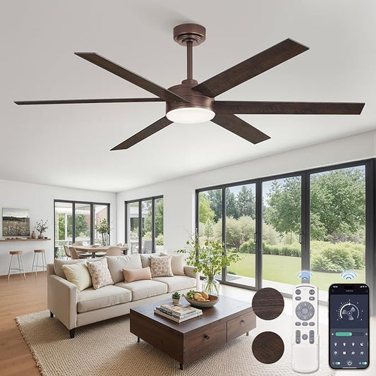60 Inch Ceiling Fans with Lights and Remote, Reversible 6 Blades, Dimmable, 3000K-6000K Adjustable, Outdoor Ceiling Fans for Patios, Large Ceiling Fan for Indoor or Covered Outdoor, Brown