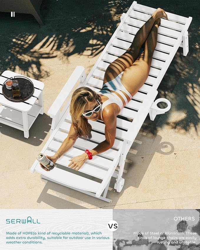 SERWALL Patio Chaise Lounge Chair, 78'' Long HDPE Outdoor Lounge Chair 5 Positions Adjustable Outdoor Lounger, Poly Lounge Chair with Rolling Wheels & Cup Holder for Pool, Light White