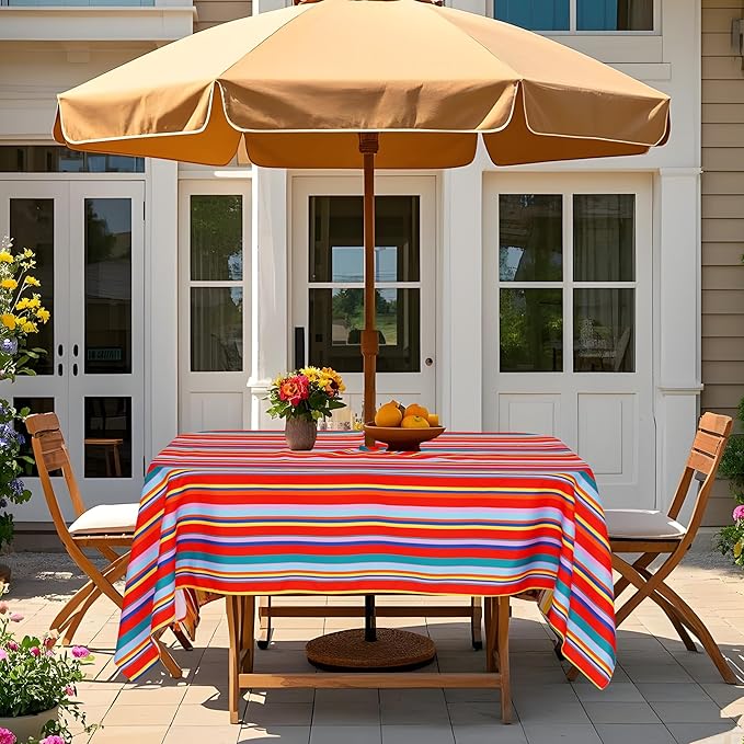 SquarePie Outdoor Tablecloth Rectangle with Umbrella Hole Waterproof Patio Table Cloth Spill Proof Wrinkle Free Table Cover for Spring Summer Picnic Garden Party, 52x70 Color Stripe