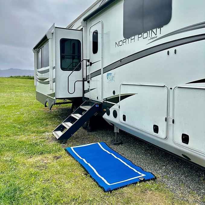 3x6 Solid Blue Outdoor RV Mat – Extra Thick 5mm Recycled Poly Rug – Heavy-Duty, Waterproof, Reversible – Compact Premium Mat for Camping, Beach, Patio (Blue, 3' x 6')