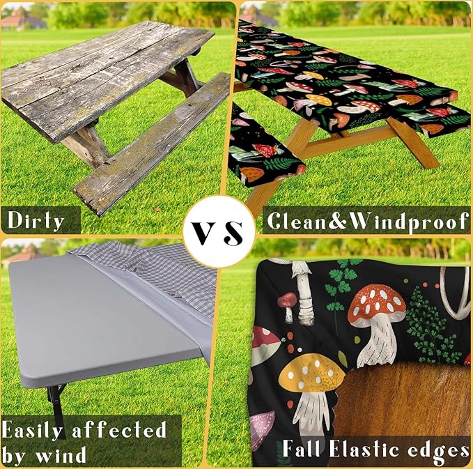 JAWO Black Picnic Table Cover with Bench Covers Elastic Edges Camping RV Essentials Waterproof Windproof Outdoor Fitted Tablecloth Rectangle Camping Tables and Seats, 30x72in