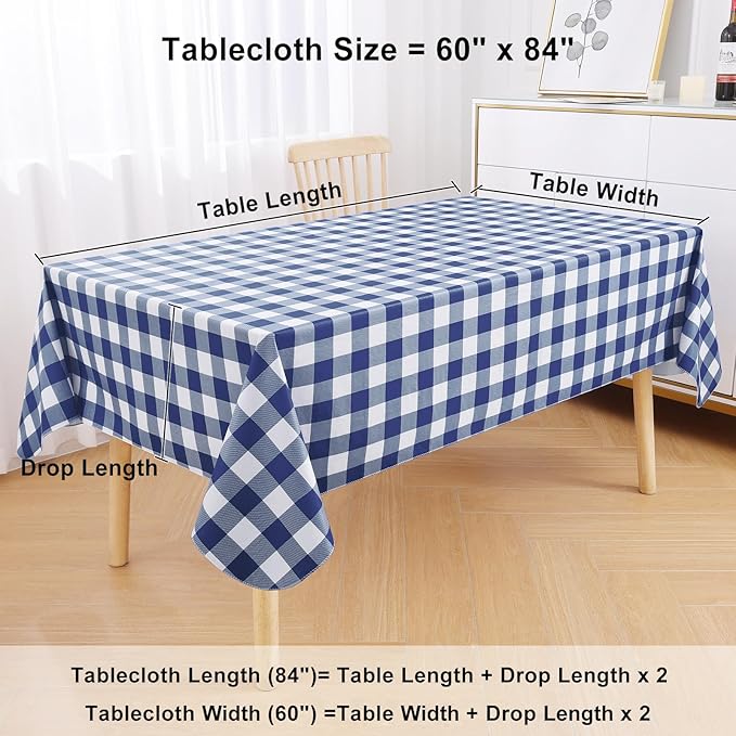misaya Rectangle Waterproof Vinyl Table Cloth, Buffalo Flannel Backed Tablecloth, Wipeable Plastic Table Cover for Dinner, Kitchen, Outdoor (60" x 84", White and Navy)