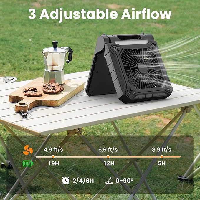 KITWLEMEN 10 Inch Solar Camping Fan with Light- Rechargeable Battery Operated Fan, 19H Run Time, 3 Speed, 6H Timer, SOS Signal, Portable Desk Fan for Camping Fishing RV Trips Hurricane Power Outage