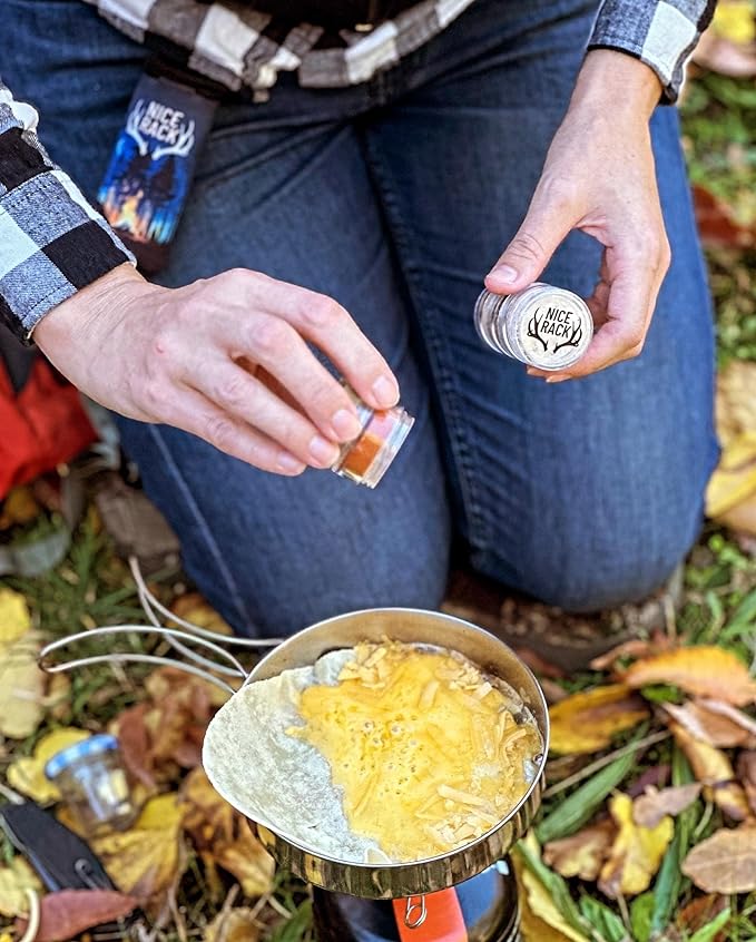 NICE RACK Mini Travel Spice Rack Filled with Organic Herbs, Refillable, Made in USA, Camp Spice Kit - Great Gift, CAMPING, RV, Purse, Backpacking with Shaker Tops 5 Stacking (3 3/8 x 1 3/8")