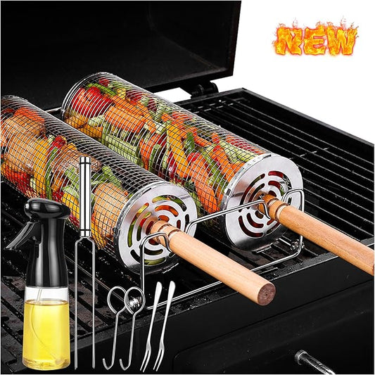 Rolling Grilling Baskets for Outdoor Grill Bbq Net Tube Stainless Steel Large Round Mesh Barbecue Accessories Wire Cylinder Cage Picnic Essentials Cooking Camping Basket for Veggies Vegetable Fish