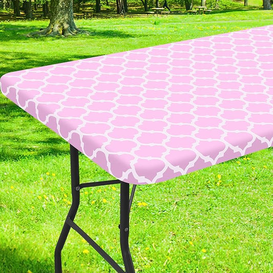 Smiry Rectangle Picnic Table Cover, Waterproof Elastic Fitted Camping Tablecloths for 4 Foot Tables, Wipeable Flannel Backed Vinyl Tablecloth Protector for Indoor, Outdoor (Pink, 30x48 Inches)