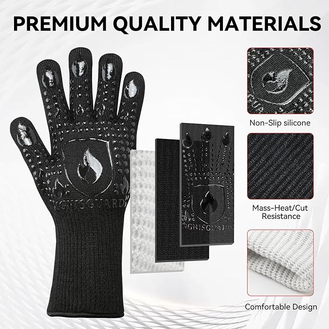 BBQ & Grill Gloves, Oven Gloves, 1472°F Silicone Oven Mitts Heat Resistant Grilling Gloves Fireproof Non-Slip for Barbecue Cooking Baking Smoking, 1-Pair Black（L）