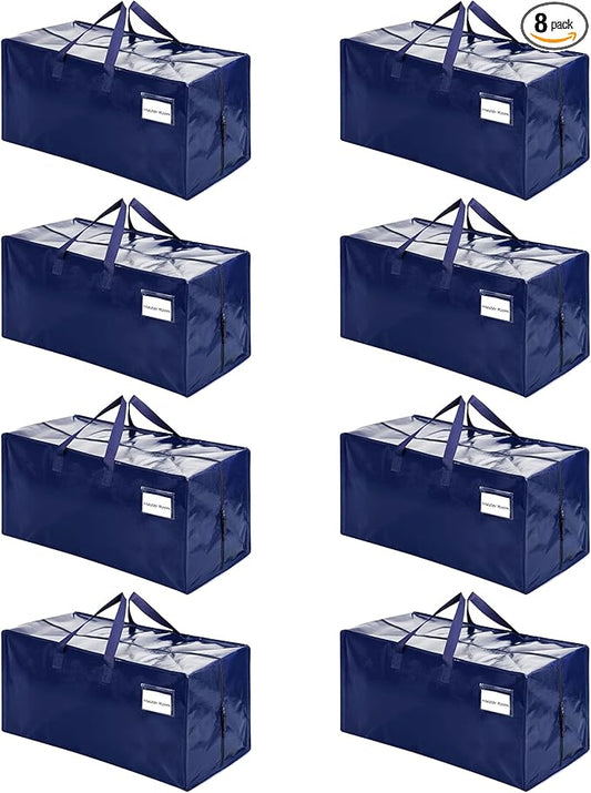 VENO 8 Pack Moving Bags w/Backpack Straps, Heavy Duty, Moving Boxes Alternative, Packing Supplies, Large Storage Totes for Dorm Room Essentials with Zipper for Clothes (Blue, 8 Pack)