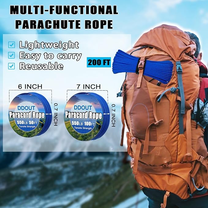 Paracord Nylon Rope Blue 100ft with 7-Strand Core, 10 Colors and 50/100/200 ft, Type III Parachute Cord 4mm for Camping, Survival, Hiking, DIY, Crafting, Outdoor Utility Rope